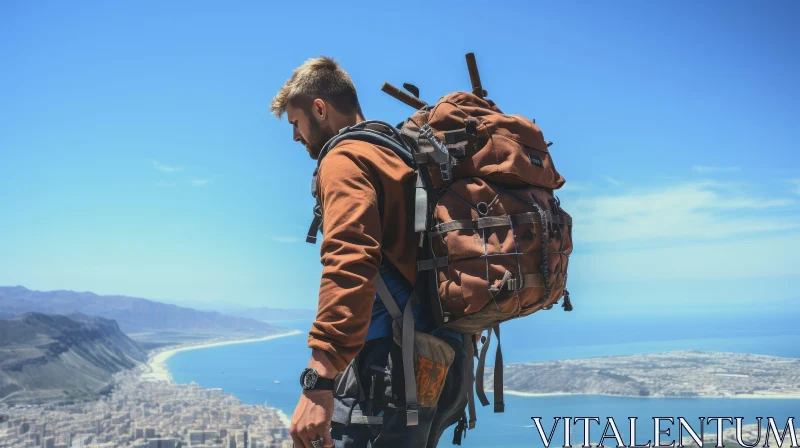 Man with Backpack on Mountaintop - Scenic View AI Image