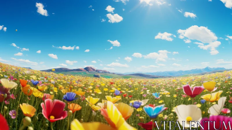 Scenic Field of Flowers with Mountain View AI Image