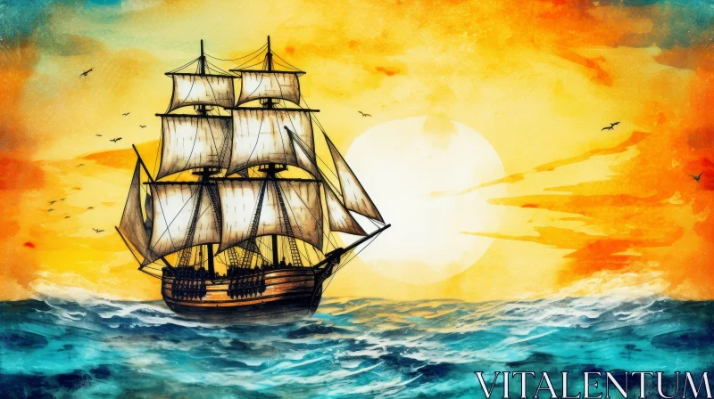 Tall Ship Sailing on Rough Sea - Watercolor Painting AI Image