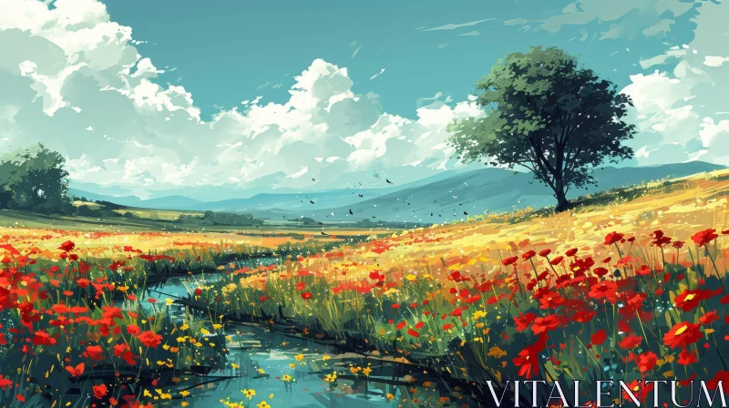 Tranquil Nature Landscape Painting AI Image