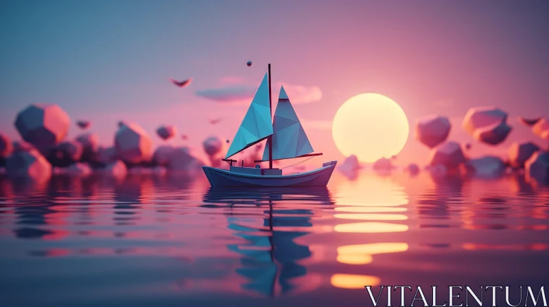 AI ART Tranquil Ocean Sunset with Boat - Wallpaper-Worthy Scene