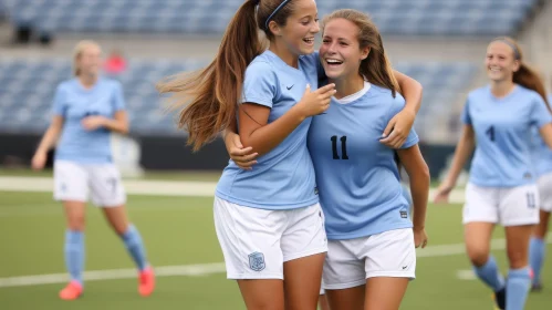 Female Soccer Players Hugging in Blue Jerseys