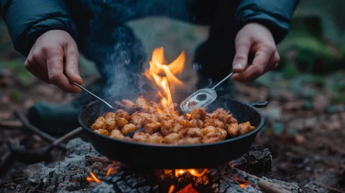 Man Cooking Food Over Campfire in Woods