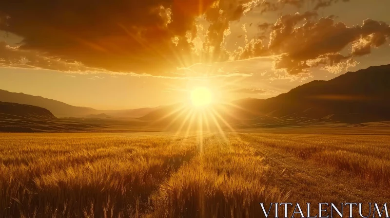 AI ART Peaceful Wheat Field Sunset Landscape