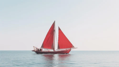 Red-Sailed Boat Sailing on High Seas