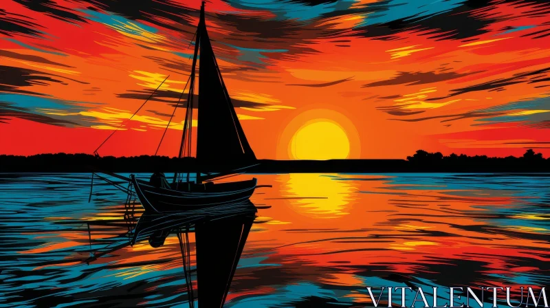 Tranquil Sunset Sailboat Painting AI Image