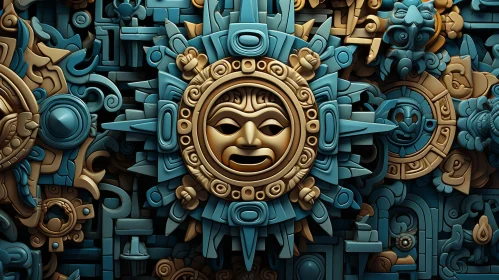 Ancient Mayan Bas-Relief Sun God Mask Artwork