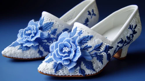 Blue and White Porcelain Floral Shoes on Blue Background