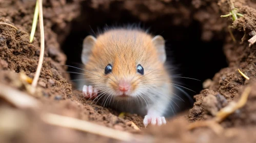 Curious Harvest Mouse Peeking Out of Burrow