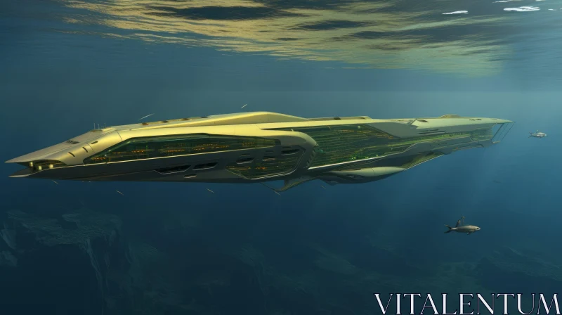 AI ART Futuristic Gold Submarine in Water