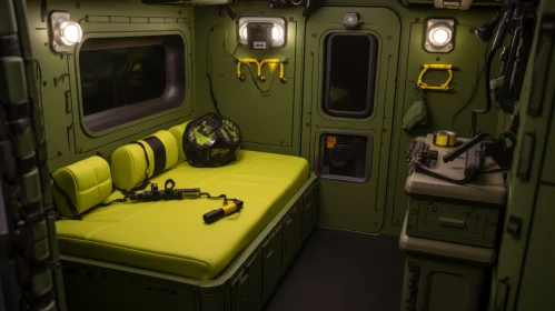Military-Style Olive Drab Green Sleeping Compartment Interior