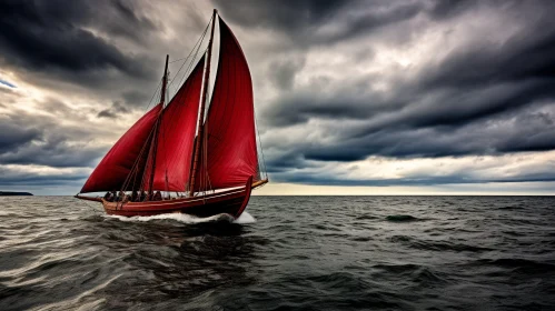 Red Sails Sailing Ship in Turbulent Sea