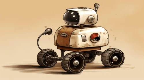 Small White Robot with Brown Wheels on Sandy Surface