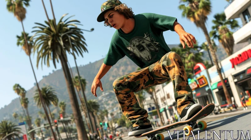 Urban Skateboarding Scene with Young Male Skateboarder AI Image