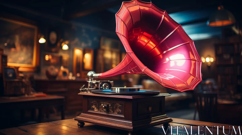 AI ART Vintage Phonograph with Large Red Horn on Wooden Table