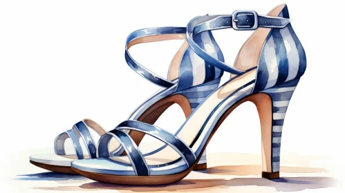 Blue High-Heeled Sandals Watercolor Painting