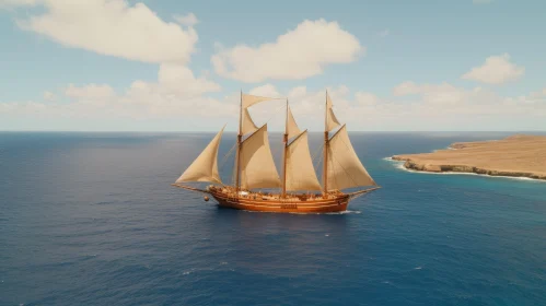 Majestic Tall Ship Sailing on Open Blue Ocean