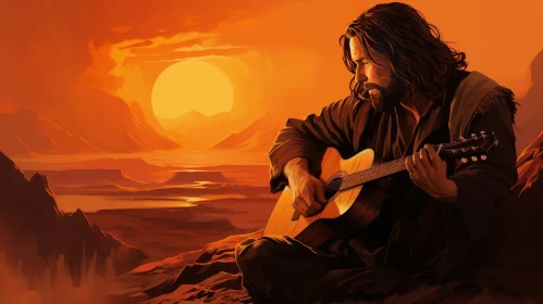 Man Playing Guitar in Desert Sunset Painting