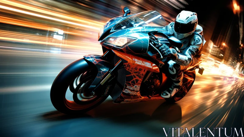 Man Riding Black and Orange Motorcycle in City at Night AI Image
