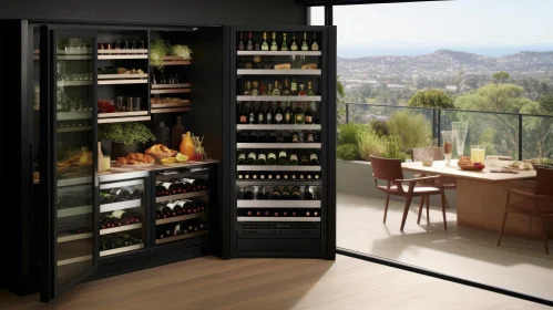 Modern Kitchen with Wine Fridge and City View