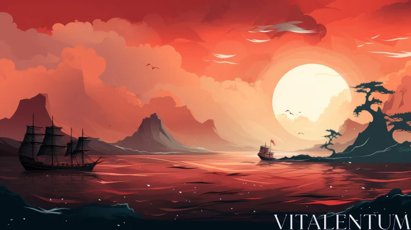 AI ART Red Sea Landscape with Moon and Ships