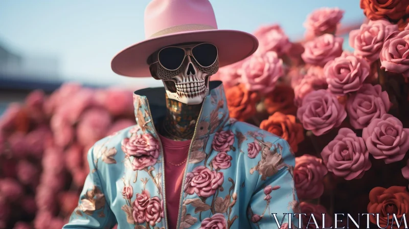 Skeleton in Pink Hat and Sunglasses Among Roses AI Image
