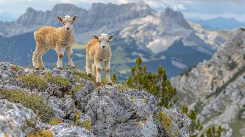 Two Lambs on Rocky Mountaintop - Snowy Background