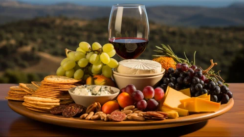 Cheese and Wine Still Life on Wooden Table