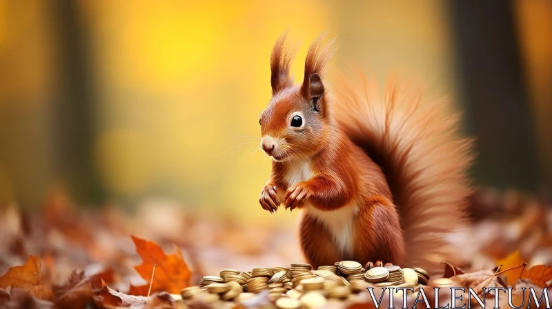 Curious Red Squirrel on Gold Coins - Enchanting Wildlife Encounter AI Image