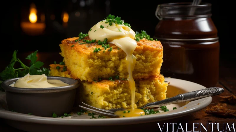AI ART Delicious Cornbread with Butter and Honey on Dark Wood Table