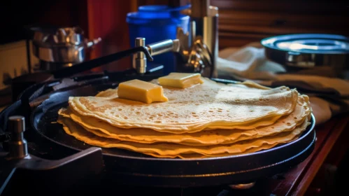 Golden Brown Pancakes with Butter on Hot Plate