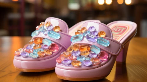 Pink Rhinestone Shoes on Wooden Table