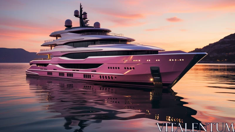 Pink Yacht Anchored in Calm Sea at Sunset AI Image