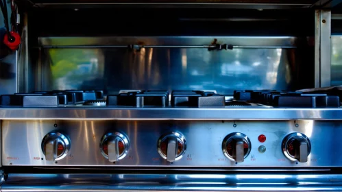 Professional Gas Stove Close-Up with Stainless Steel Finish