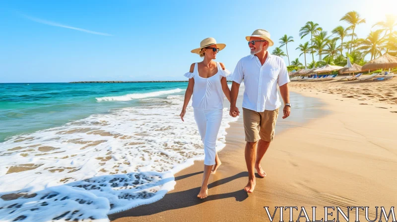 Serene Beach Scene with Couple Walking Hand in Hand AI Image
