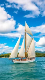 Serene Sailing Ship Scene | Blue Waters & Green Island