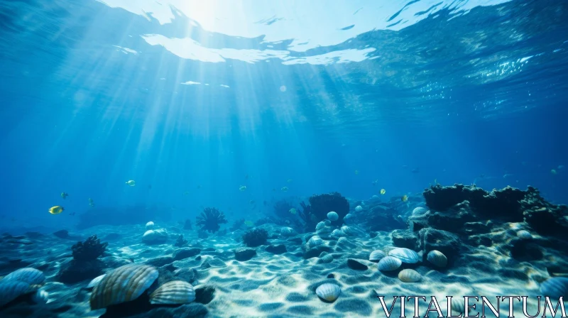 Serene Underwater Scene: Clear Blue Water and Sun Rays AI Image