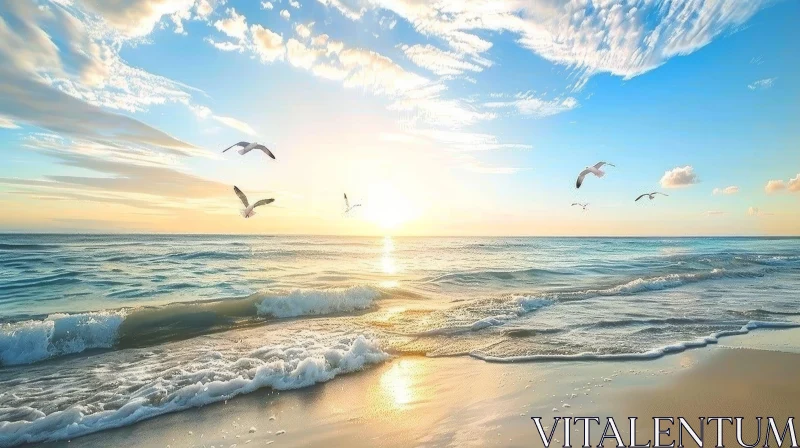 Tranquil Beach Scene with Blue Sky and Seagulls AI Image