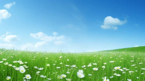 Tranquil Green Field with White Daisies under Blue Sky