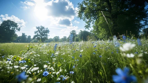 Tranquil Meadow Landscape with Wildflowers and Trees