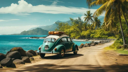 Vintage Volkswagen Beetle on Tropical Beach with Surfboard