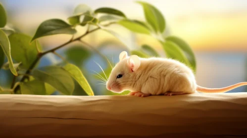 Adorable White Mouse on Wooden Railing in Sunlight
