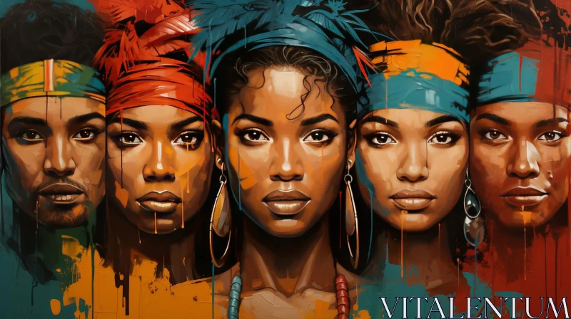 African Women Painting - Colorful Head Wraps & Serious Expressions AI Image