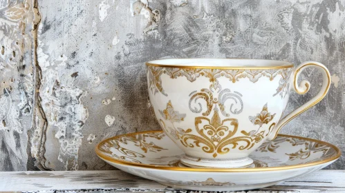 Elegant White and Gold Teacup with Silver Spoon on Saucer