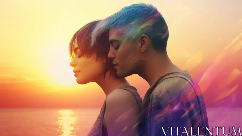 AI ART Emotional Sunset Embrace - Couple with Blue and Dark Hair