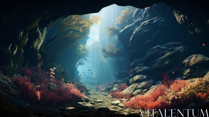 Enigmatic Underwater Cave with Glowing Opening AI Image