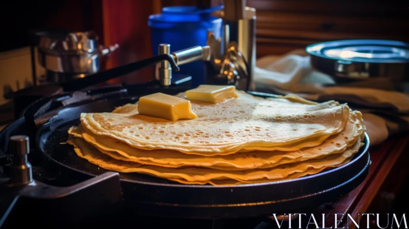 Golden Brown Pancakes with Butter on Hot Plate AI Image