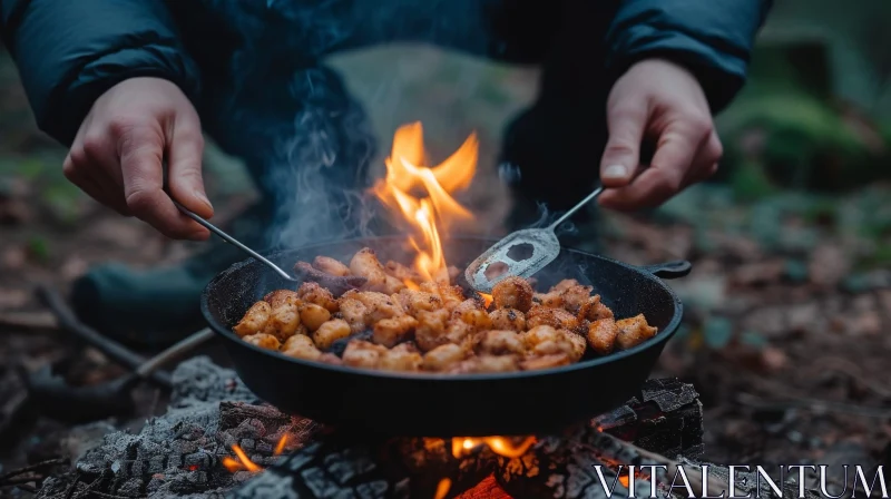 Man Cooking Food Over Campfire in Woods AI Image