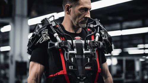 Man in Black and Red Exoskeleton Suit with ICT Letters