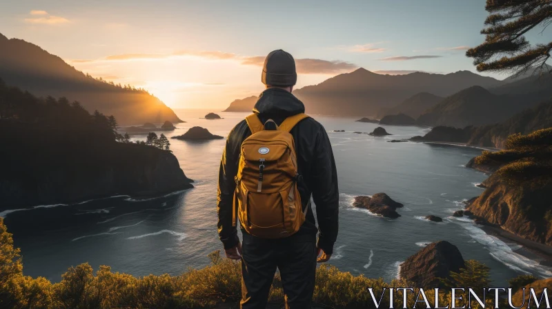 Man on Cliff Overlooking Ocean at Sunset AI Image